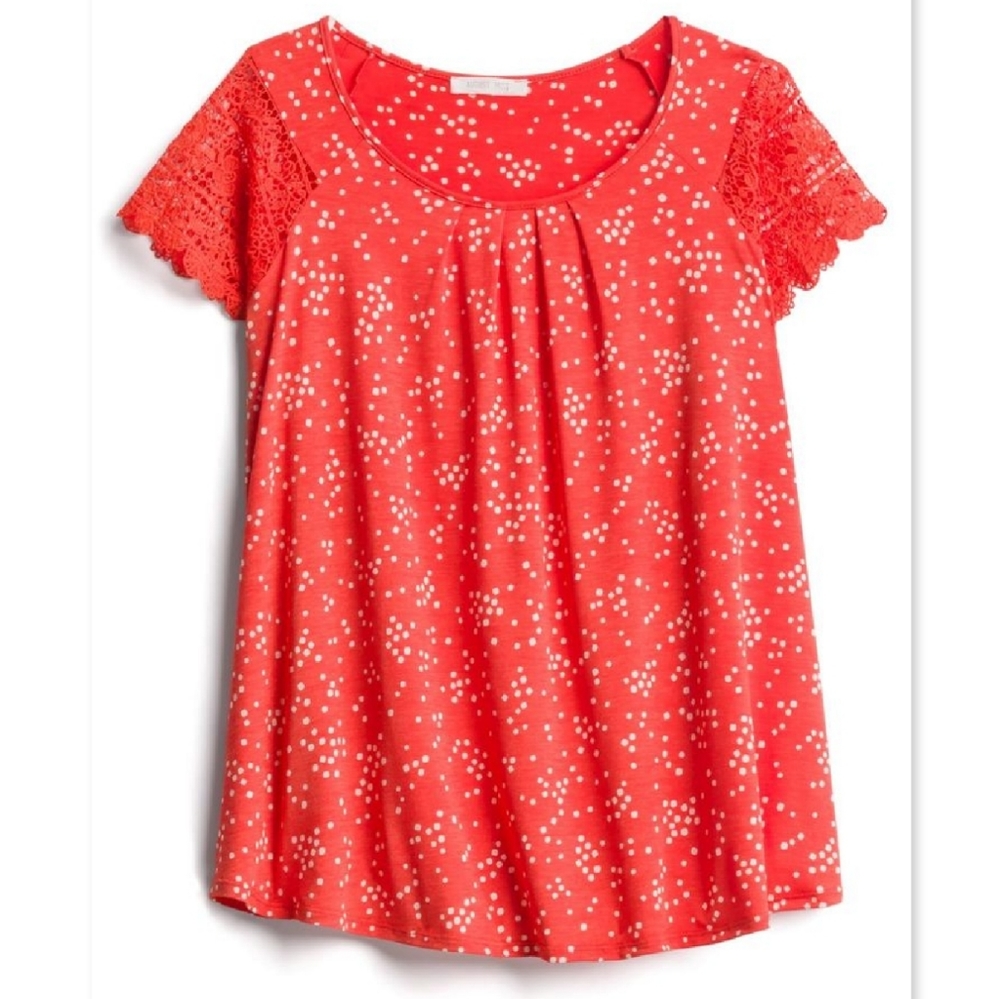 AUGUST MIST Dot Print Lace Sleeve Top